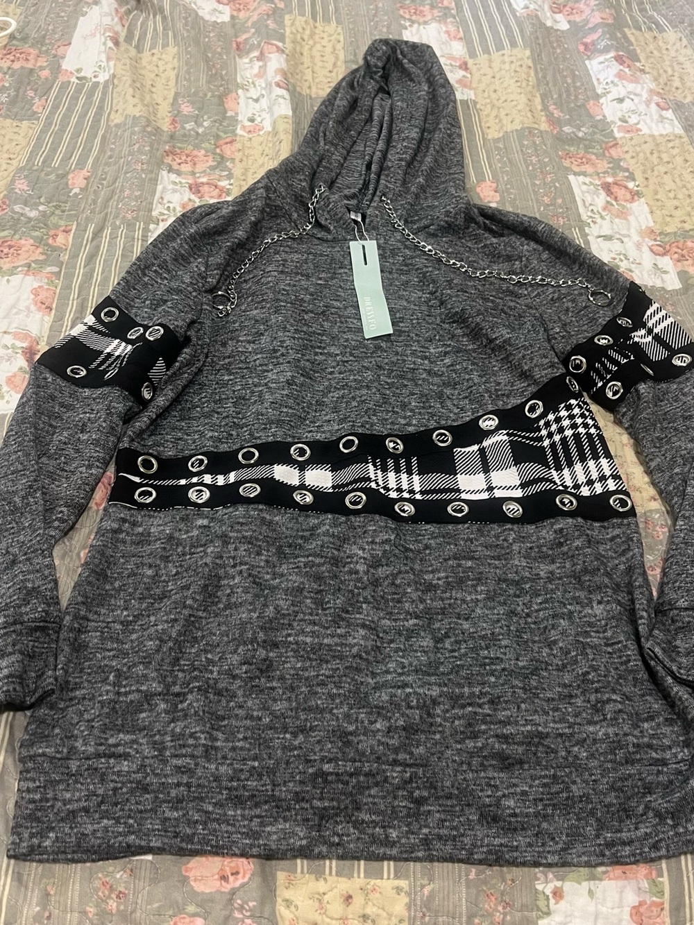 BIG SALE(4 for $30)- Women's Charcoal Cowl Neck Sweater with Plaid Chain Detail